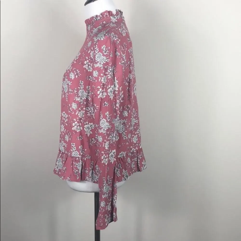 Code Mode Top Pink Ruffle Mock Neck Floral - Picture 3 of 7